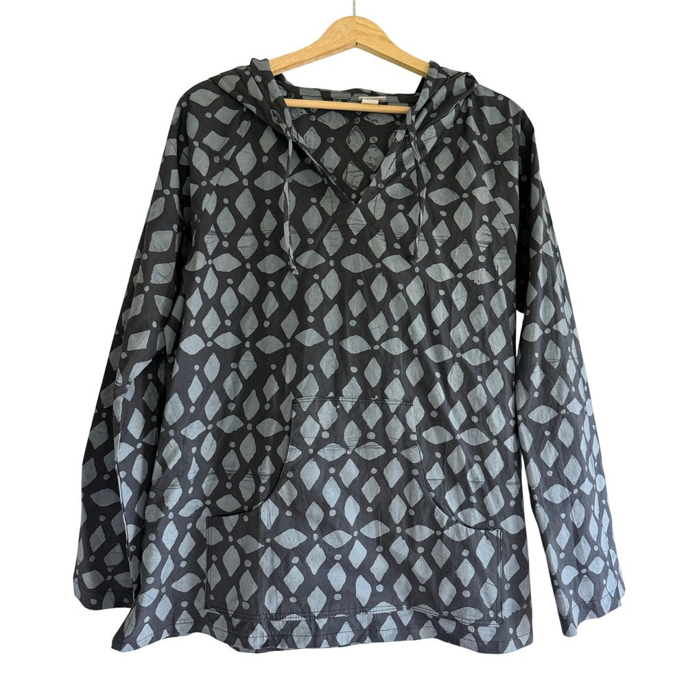 Global Mamas Women Large Batik Cotton Hoodie Pullover Hand Made Ghana Grey Blue